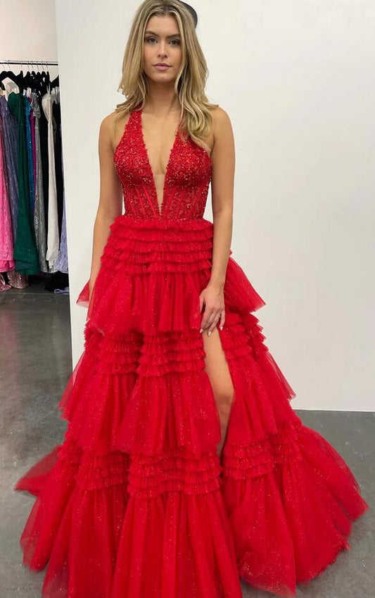 Red Tulle Appliques Halter Ruffle Tiered Long Prom Dress  PC1270