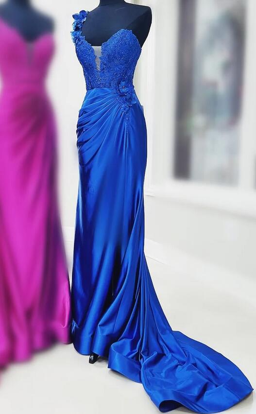 One-Shoulder 3D Floral Lace Pleated Long Prom Dress  PC1271