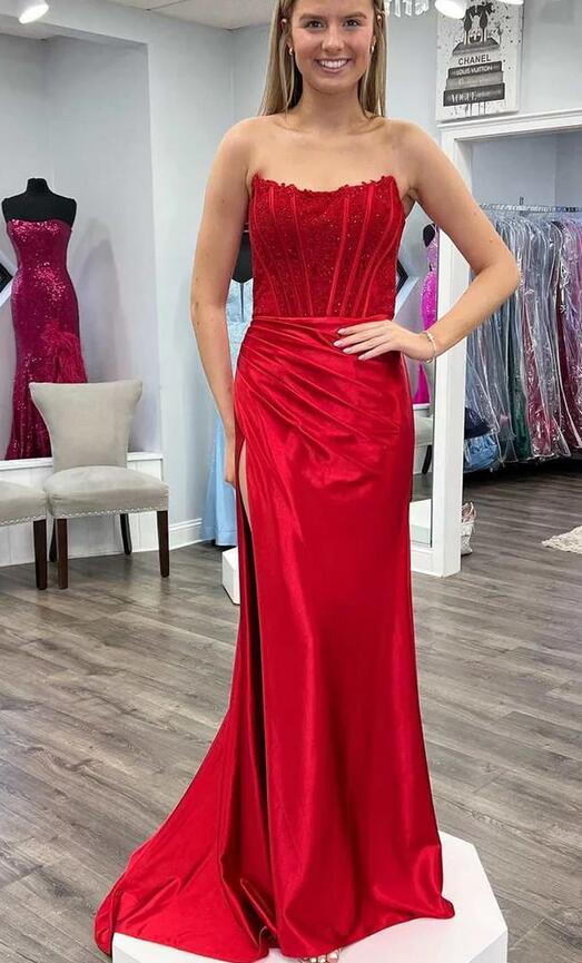 Strapless Ruching Long Prom Dress with Lace Top  PC1276