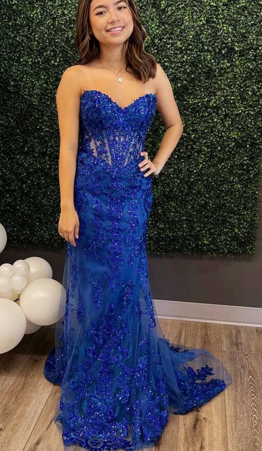 Strapless Sequins Lace Mermaid Long Prom Dress  PC1283