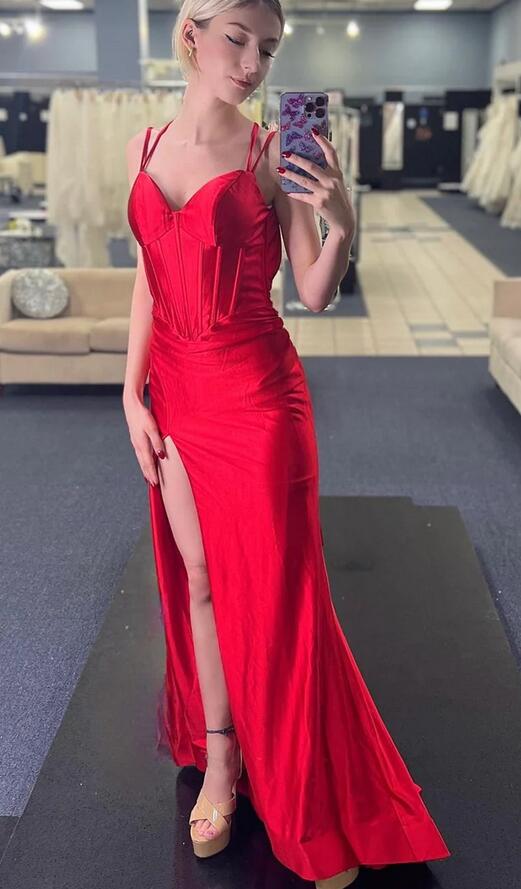 Straps Satin Mermaid Long Prom Dress with Slit  PC1286