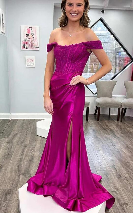 Off the Shoulder Satin Mermaid Long Prom Dress with Lace Top  PC1288