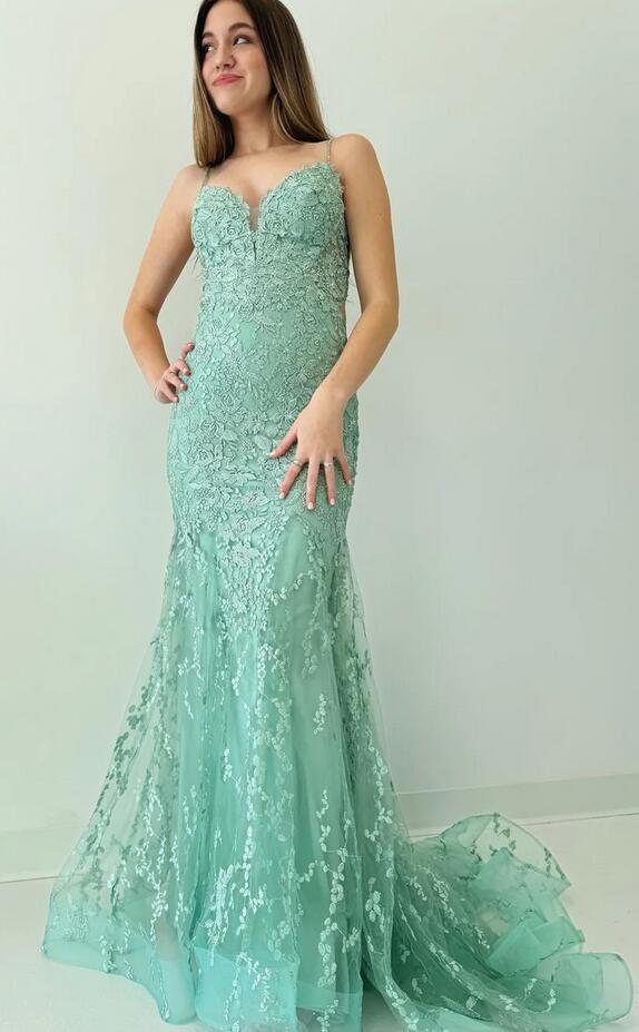 Spaghetti Strap Mermaid Lace Long Prom Dress PC1291