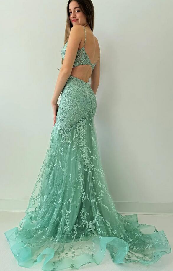 Spaghetti Strap Mermaid Lace Long Prom Dress PC1291