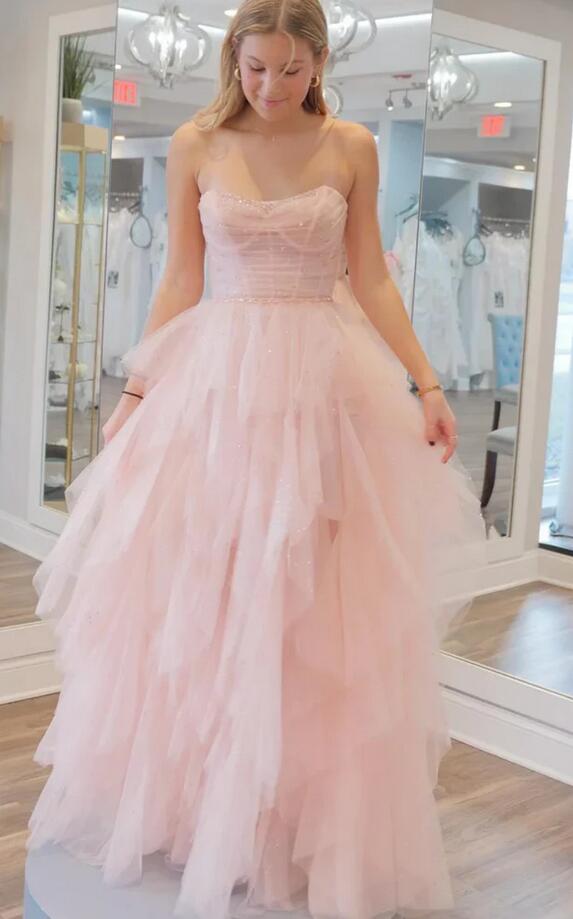 Strapless Sequins Fluffy Pink Long Prom Dress PC1294