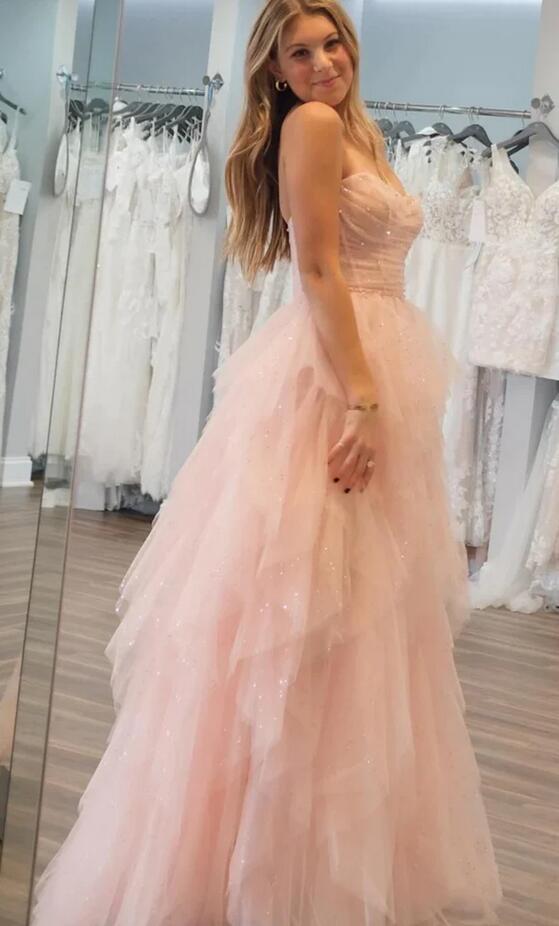 Strapless Sequins Fluffy Pink Long Prom Dress PC1294