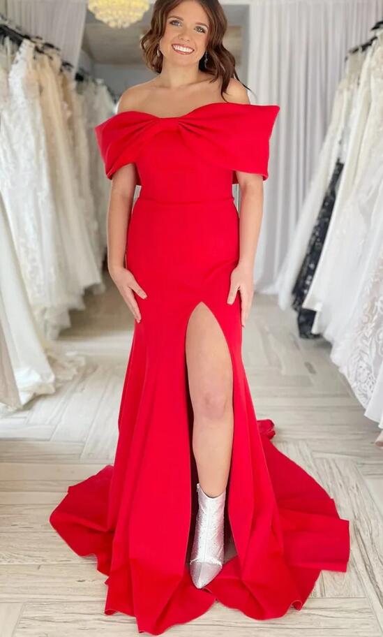 Off Shoulder Mermaid Red Long Prom Dress with High Slit PC1295