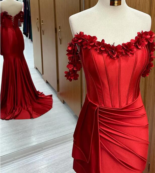 Red Off-the-Shoulder 3D Floral Mermaid Long Prom Dress  PC1296