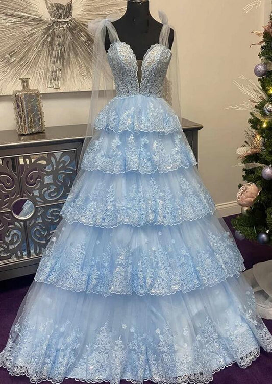 Light Blue Tulle/Lace Ball Gown Long Prom Dress with Ruffle Skirt PC1300