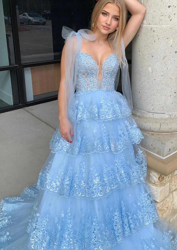 Light Blue Tulle/Lace Ball Gown Long Prom Dress with Ruffle Skirt PC1300