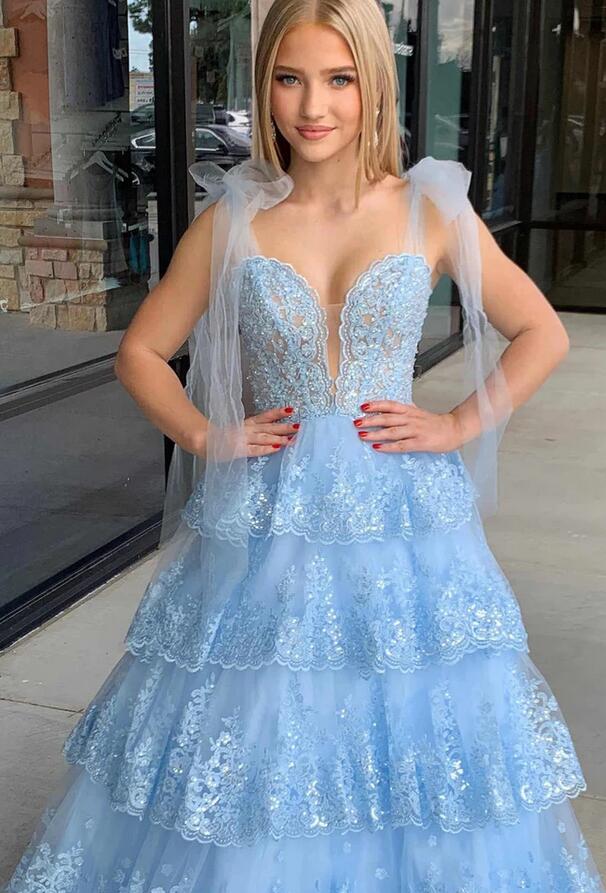 Light Blue Tulle/Lace Ball Gown Long Prom Dress with Ruffle Skirt PC1300