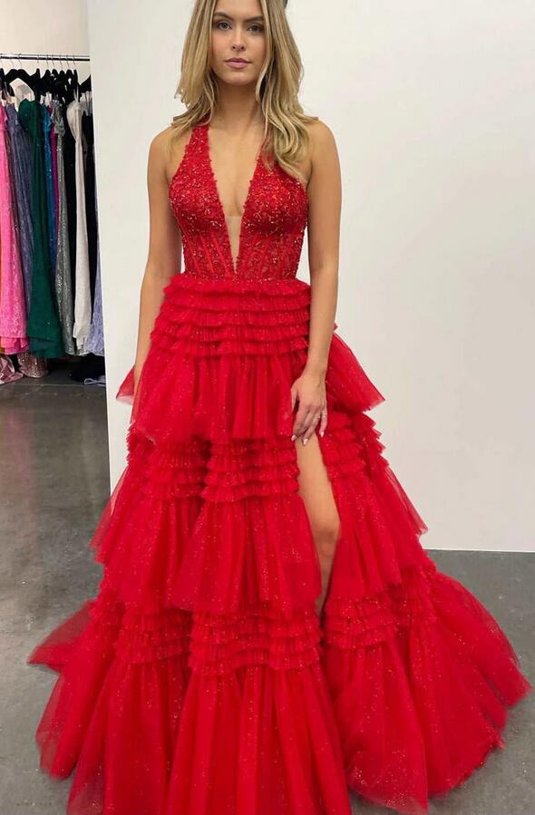 Halter Red Appliques Ruffle Tulle Prom Ball Gown PC1302