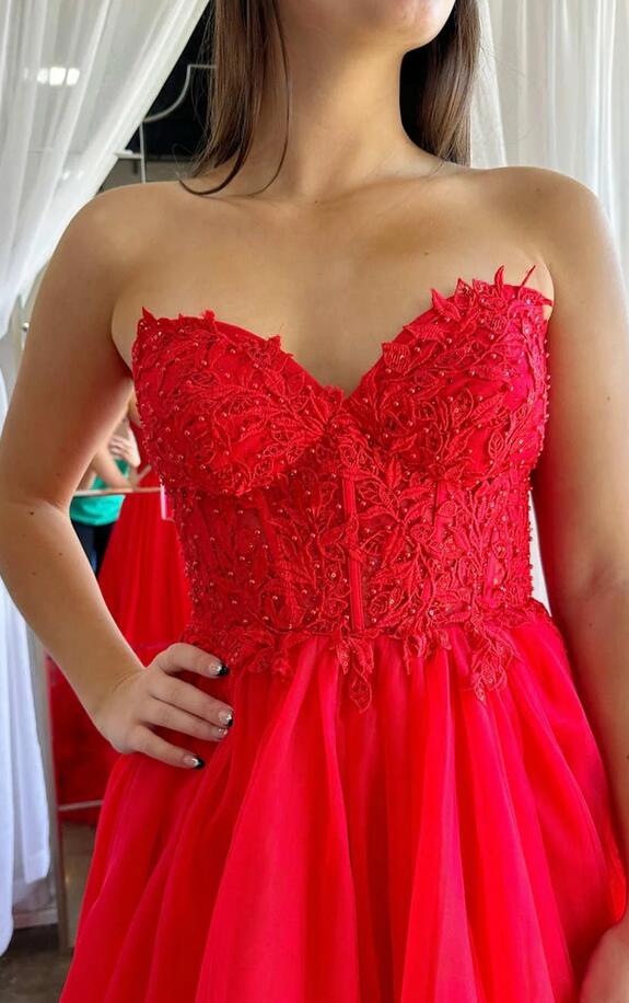 A-Line Red Sweetheart Corset Ruffle Prom Dress PC1303