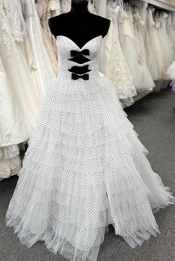 White Strapless Swiss Dot Layered Long Prom Dress PC1304