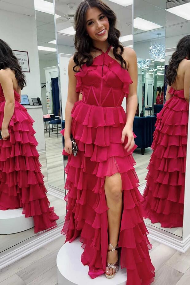 Red Halter Ruffle Tiered Chiffon Prom Dress with Slit PC1305