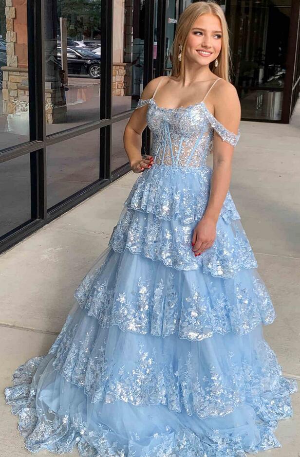 A-Line Cold Shoulder Light Blue Sequin Ruffle Tiered Prom Dress PC1307
