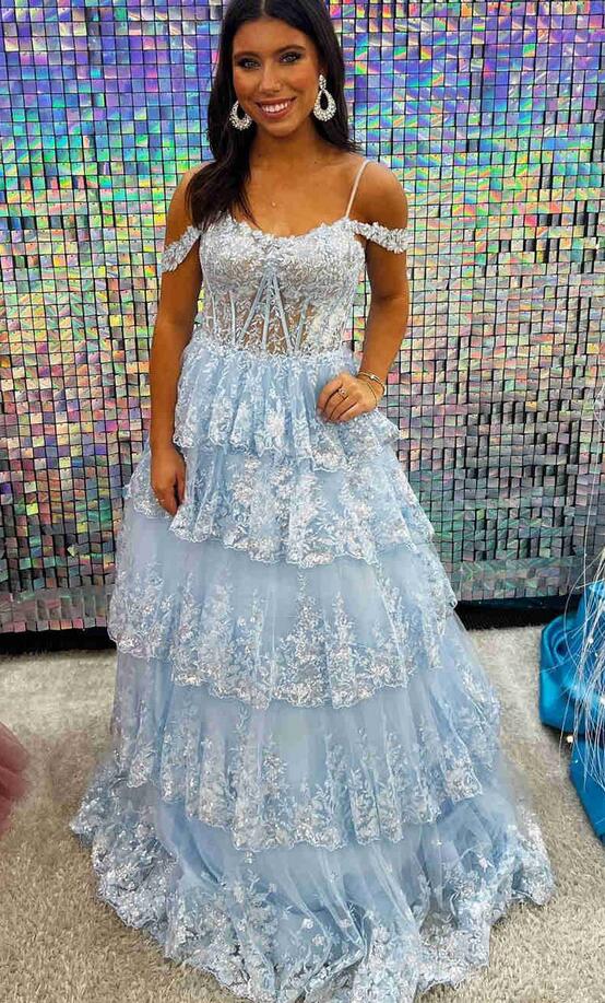 A-Line Cold Shoulder Light Blue Sequin Ruffle Tiered Prom Dress PC1307