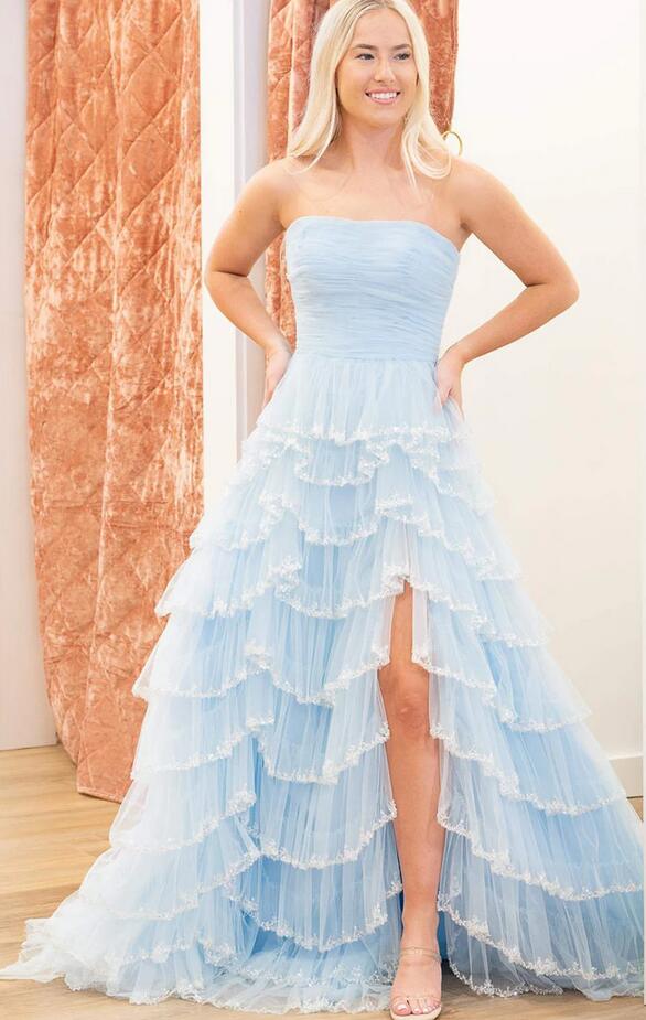 Light Blue Strapless Layered Tulle Prom Dress with Beading PC1308