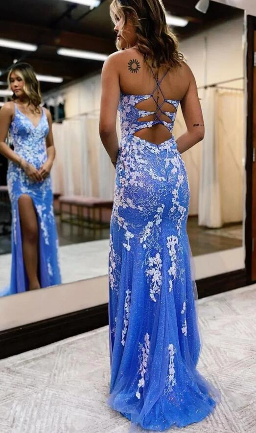 Glitter Blue Mermaid Lace Long Prom Dress with Slit PC1309