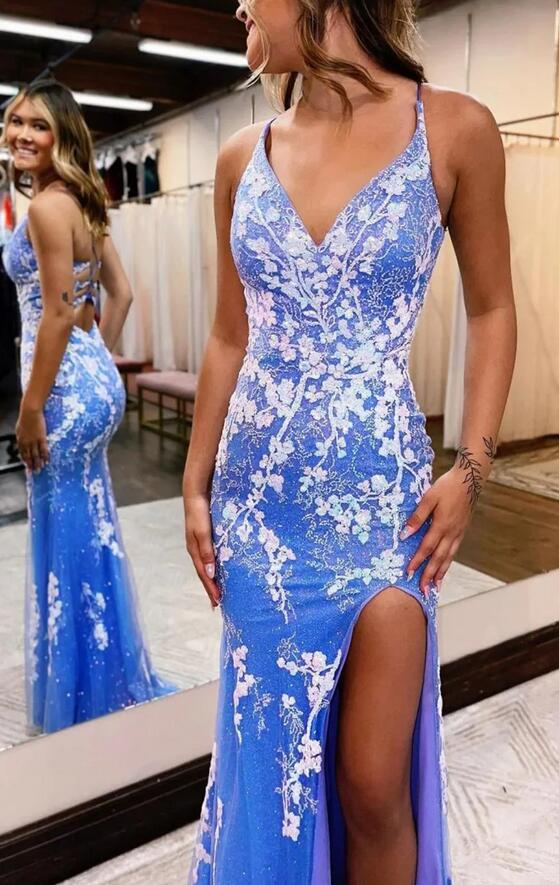 Glitter Blue Mermaid Lace Long Prom Dress with Slit PC1309