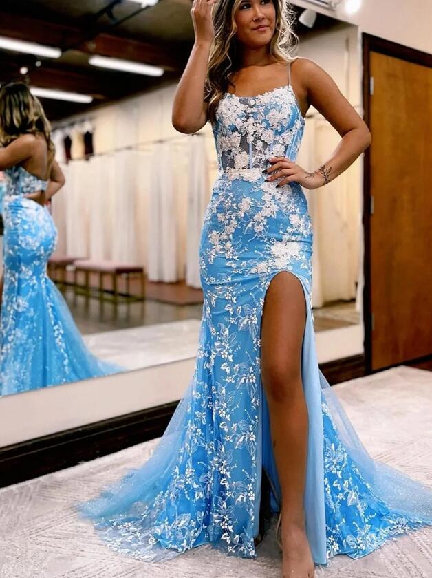 Mermaid Spaghetti Straps Long Prom Dress with Appliques PC1311