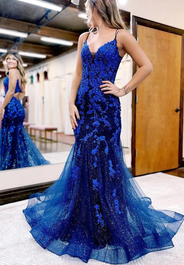 Mermaid Spaghetti Straps Long Prom Dress with Appliques PC1312