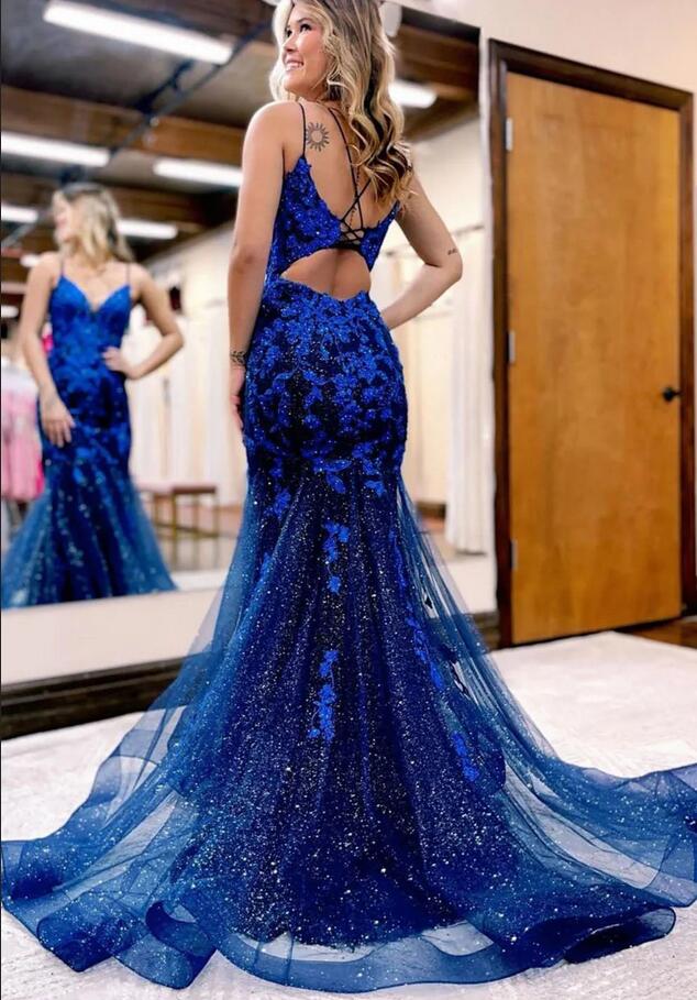 Mermaid Spaghetti Straps Long Prom Dress with Appliques PC1312