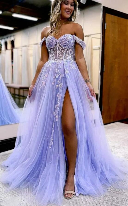 Sparkly Lilac Sequins Corset A-Line Long Prom Dress with Slit PC1315