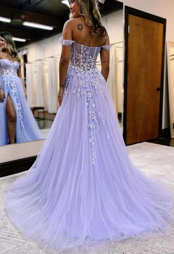 Sparkly Lilac Sequins Corset A-Line Long Prom Dress with Slit PC1315