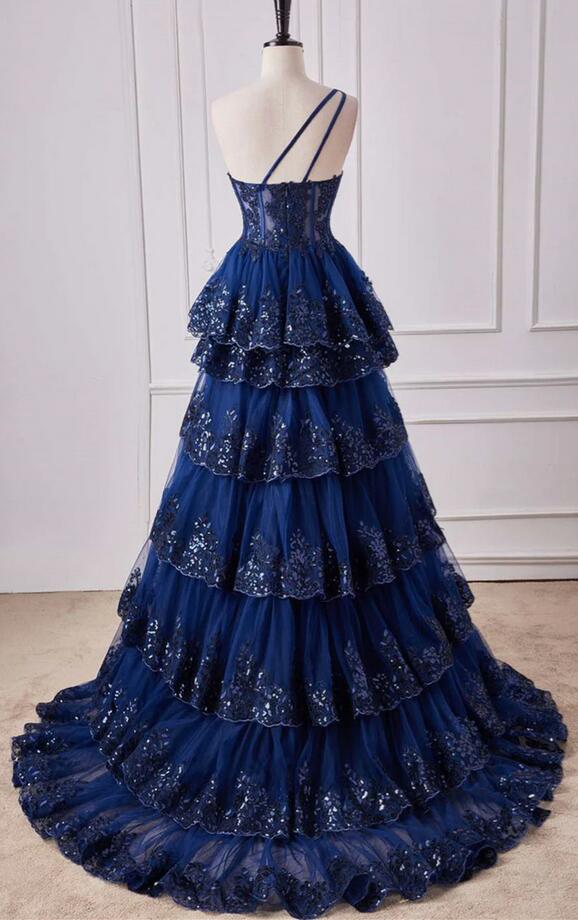 Navy Blue One Shoulder Sequin Ruffle A-Line Prom Dress PC1316