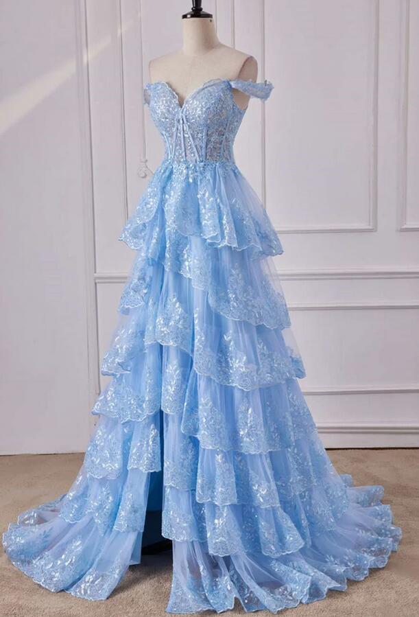 Light Blue Off the Shoulder Floral Layers Long Prom Dress with Slit PC1317