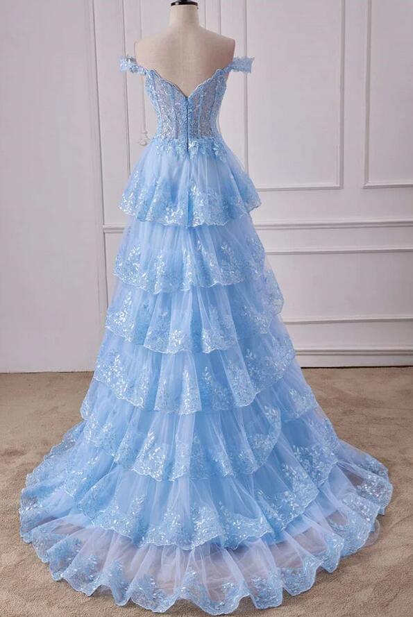 Light Blue Off the Shoulder Floral Layers Long Prom Dress with Slit PC1317