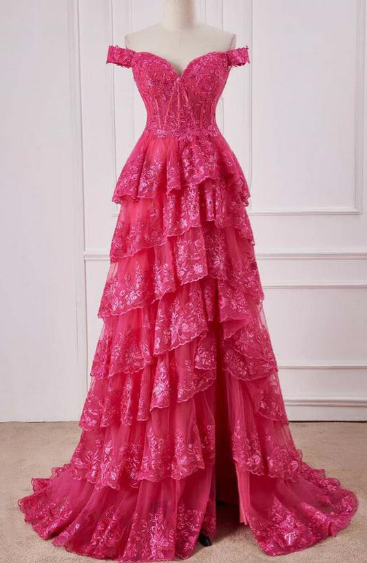 Off the Shoulder Sequin Tiered Prom Dress with Slit PC1318