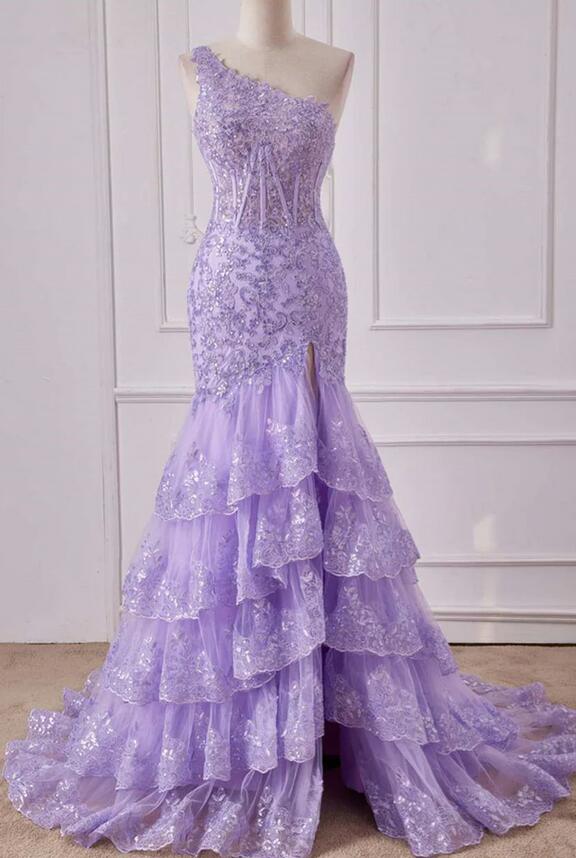 Mermaid One Shoulder Lavender Sequin Appliqeus Ruffle Prom Dress PC1319