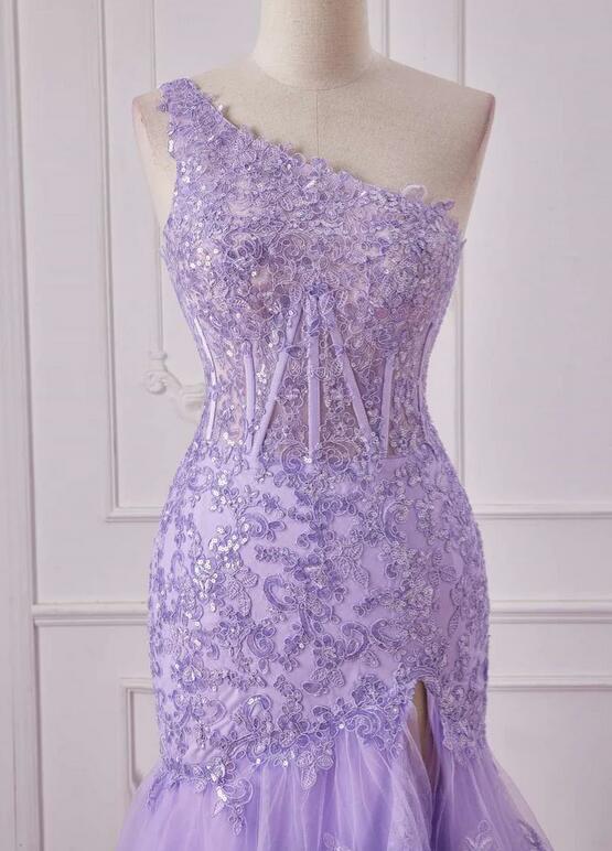 Mermaid One Shoulder Lavender Sequin Appliqeus Ruffle Prom Dress PC1319