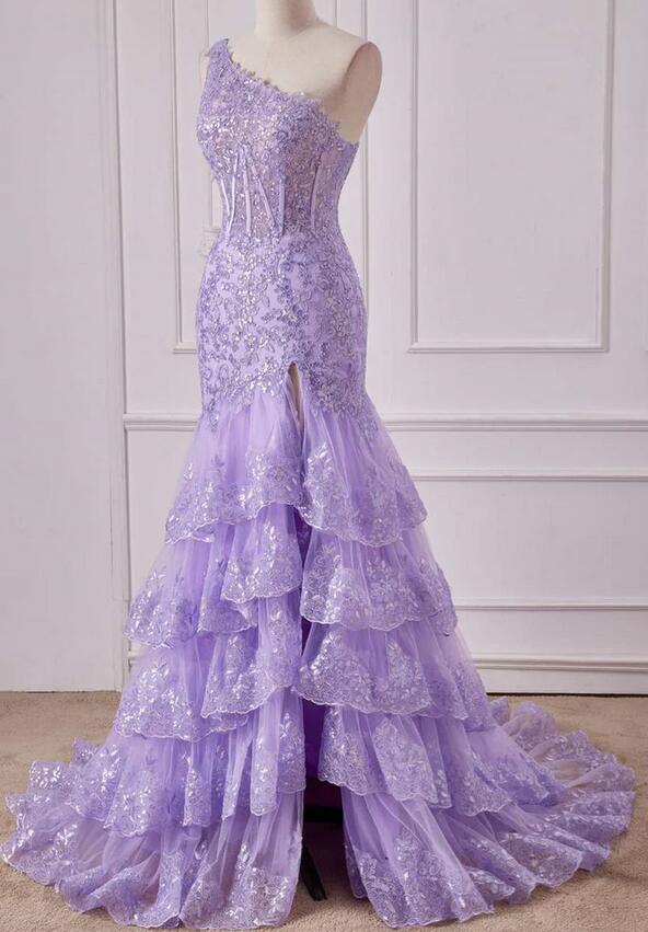 Mermaid One Shoulder Lavender Sequin Appliqeus Ruffle Prom Dress PC1319