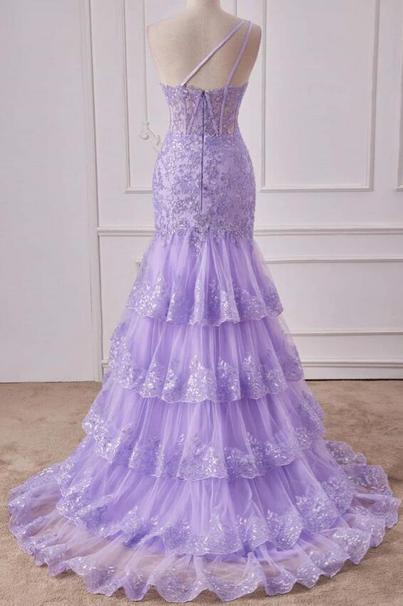 Mermaid One Shoulder Lavender Sequin Appliqeus Ruffle Prom Dress PC1319