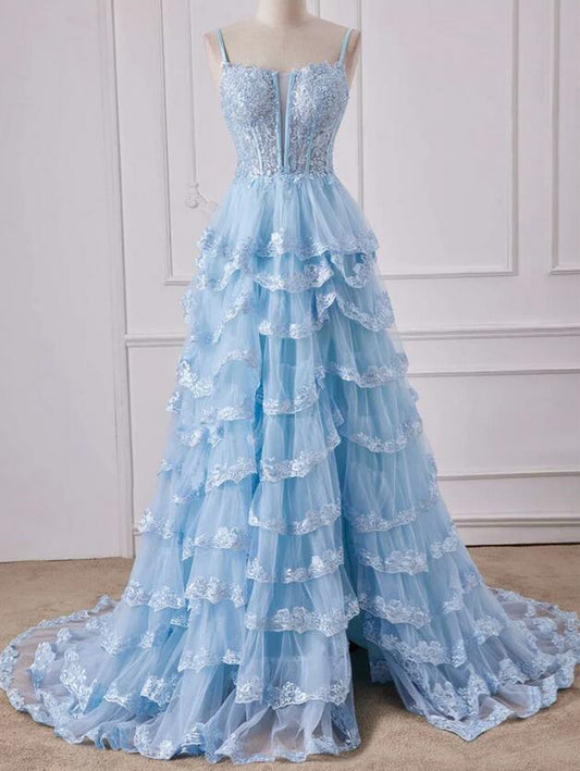 Straps Plunging Neck Light Blue Ruffle Prom Dress with Appliques PC1320