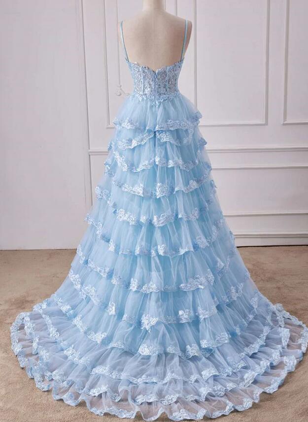 Straps Plunging Neck Light Blue Ruffle Prom Dress with Appliques PC1320