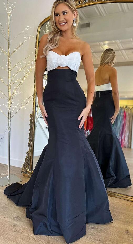 Strapless White and Black Ruched Mermaid Prom Dress PC1322