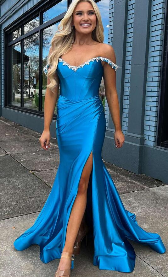 Off the Shoulder Beaded Blue Mermaid Prom Dress with Slit PC1324