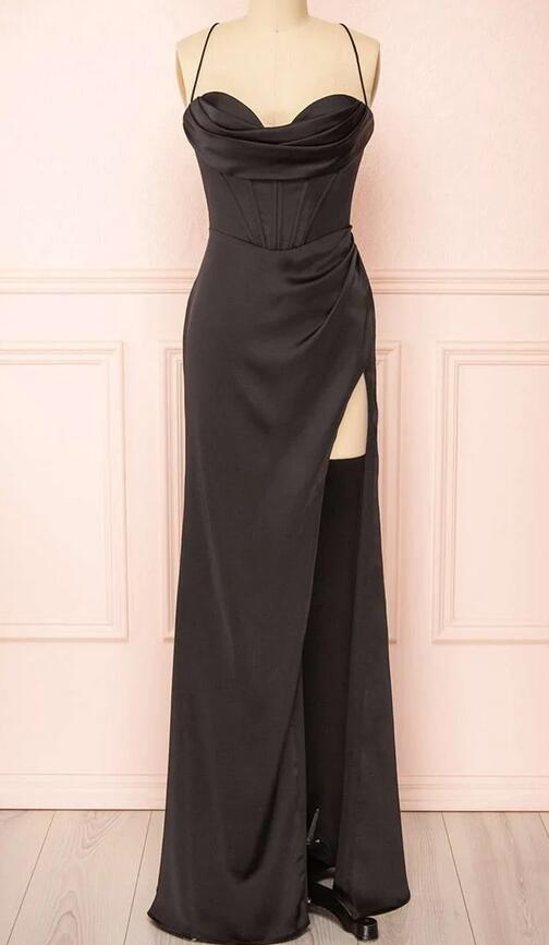 Straps Fitted Ruched Long  Prom Dress with Slit PC1325