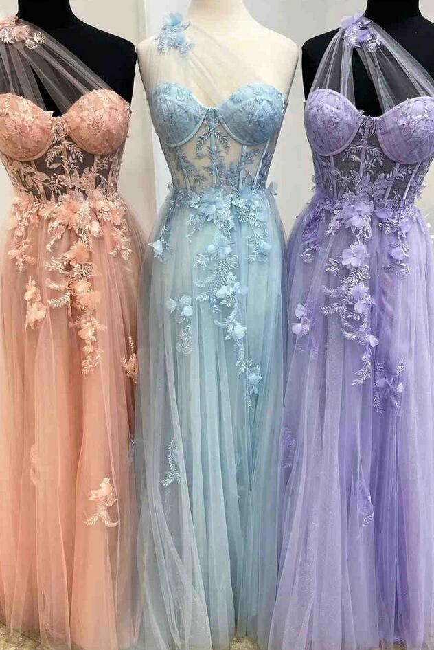 One Shoulder Long Prom Dress with Flowers PC1328