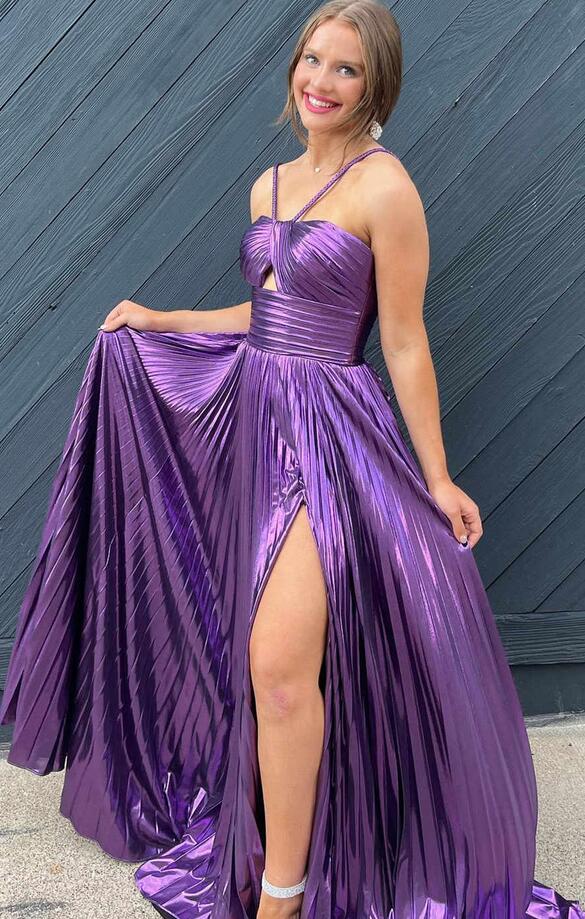 Key Hole Metallic Pleated Long Prom Dress with Slit PC1330
