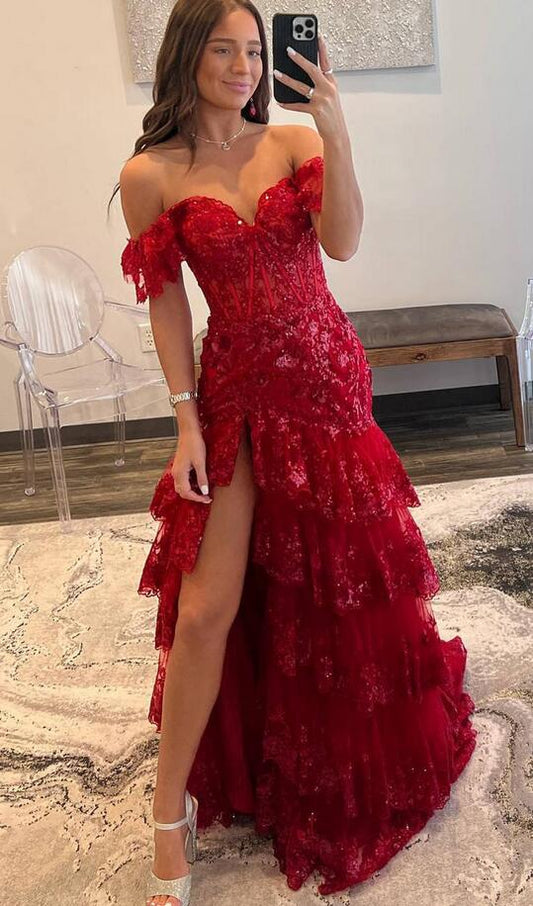 Off the Shoulder Red Sequin Tiered Mermaid Long Prom Dress PC1331