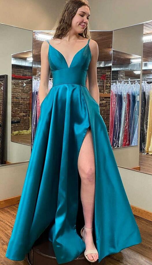 A-Line Side Slit Teal Long Prom Dress with Pockets PC1334