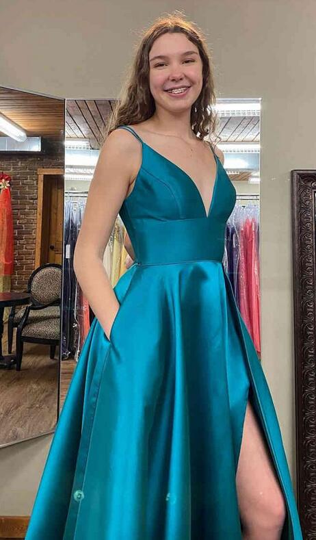 A-Line Side Slit Teal Long Prom Dress with Pockets PC1334
