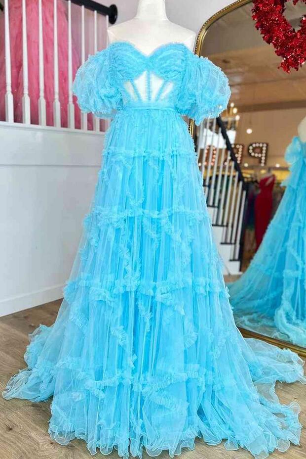 Princess Off-Shoulder Light Blue Ruffle Long Prom Dress with Balloon Sleeves PC1336