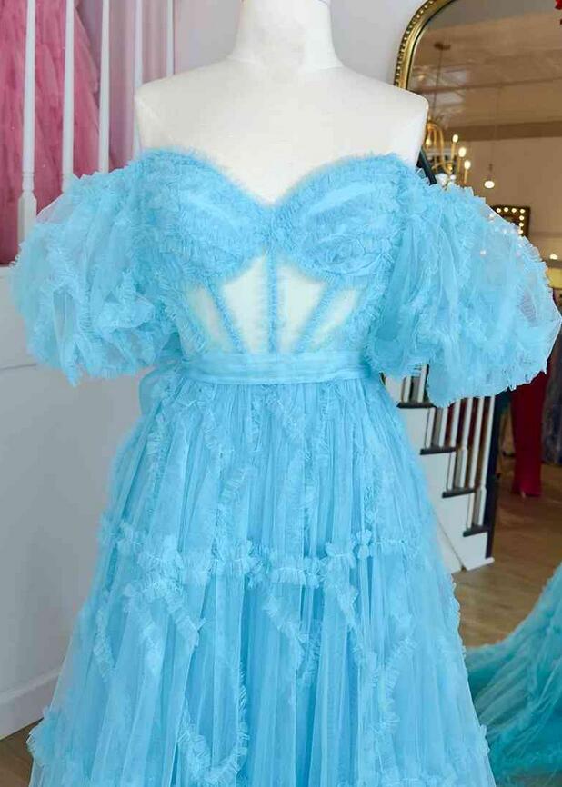 Princess Off-Shoulder Light Blue Ruffle Long Prom Dress with Balloon Sleeves PC1336