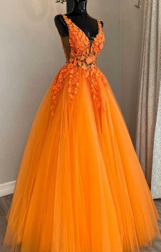 Gorgeous Orange V-Neck Floral Tulle Long Prom Dress PC1337